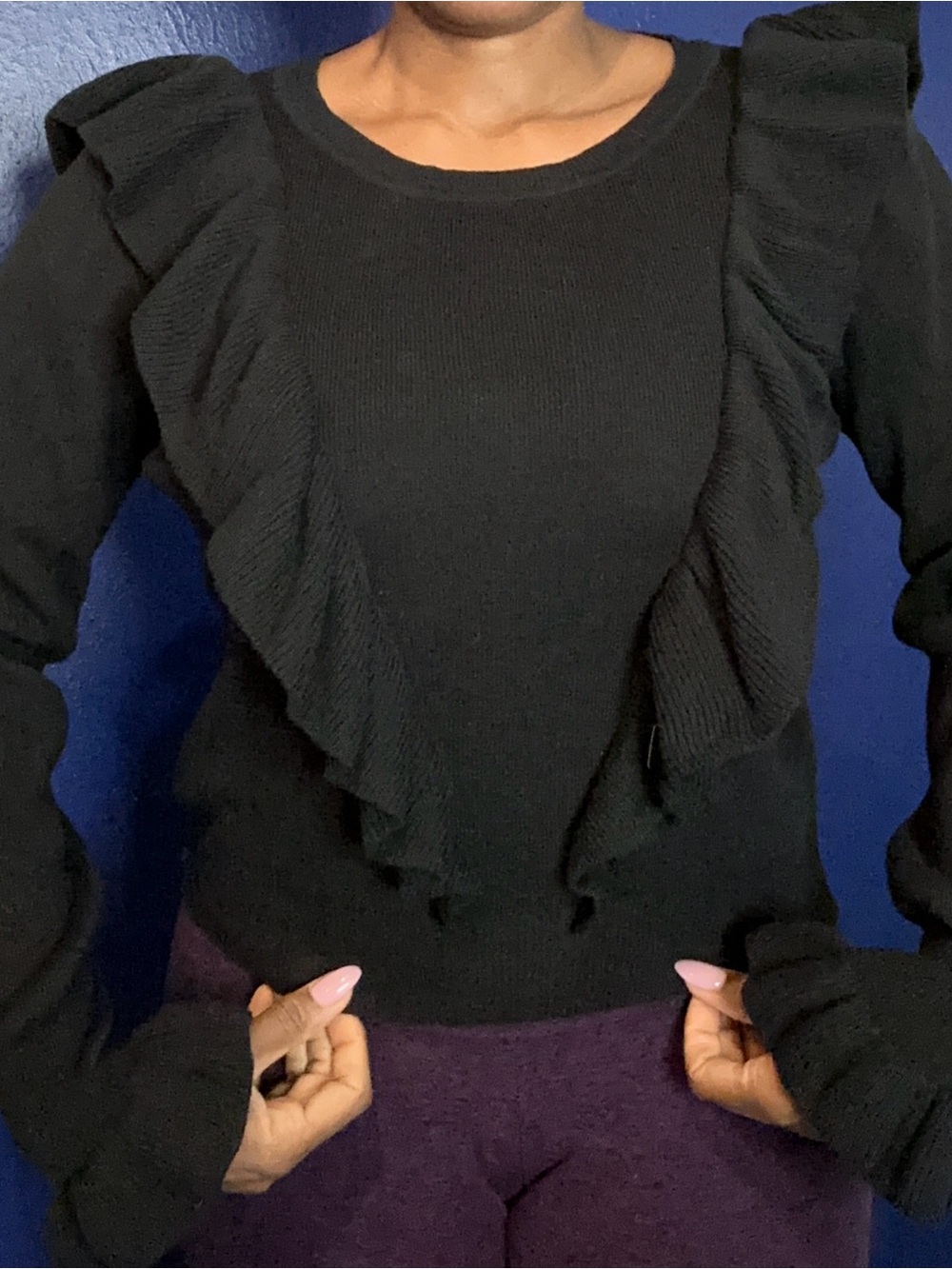 Romantic Feminine Style Black Ruffle-Front Bell Sleeve Crewneck Sweater